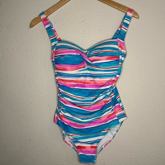 Niptuck Striped Swimsuit Blue, Pink & White Multi-fit Cups Ruched Women’s Size 6 - Picture 1 of 12